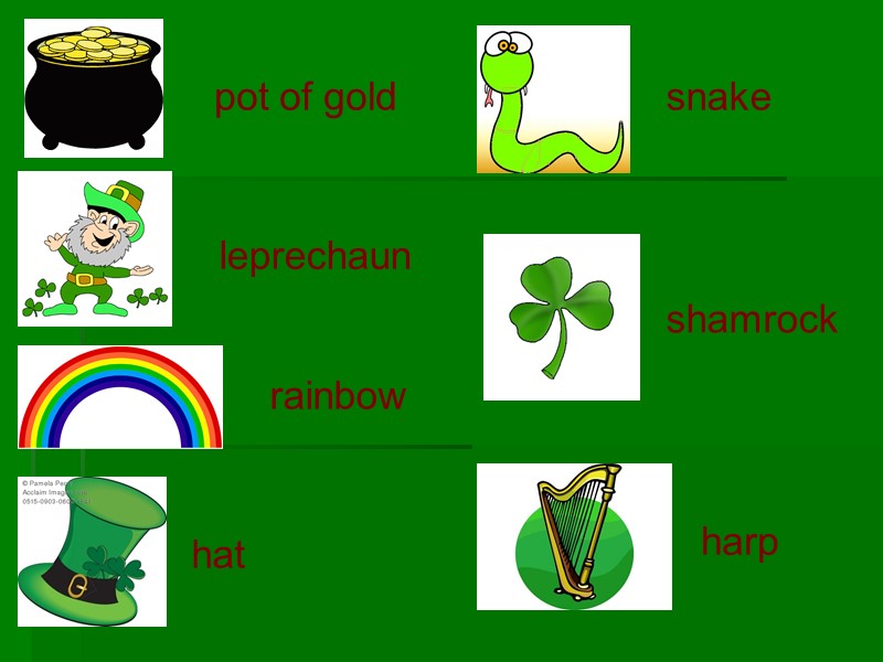pot of gold leprechaun rainbow hat snake shamrock harp